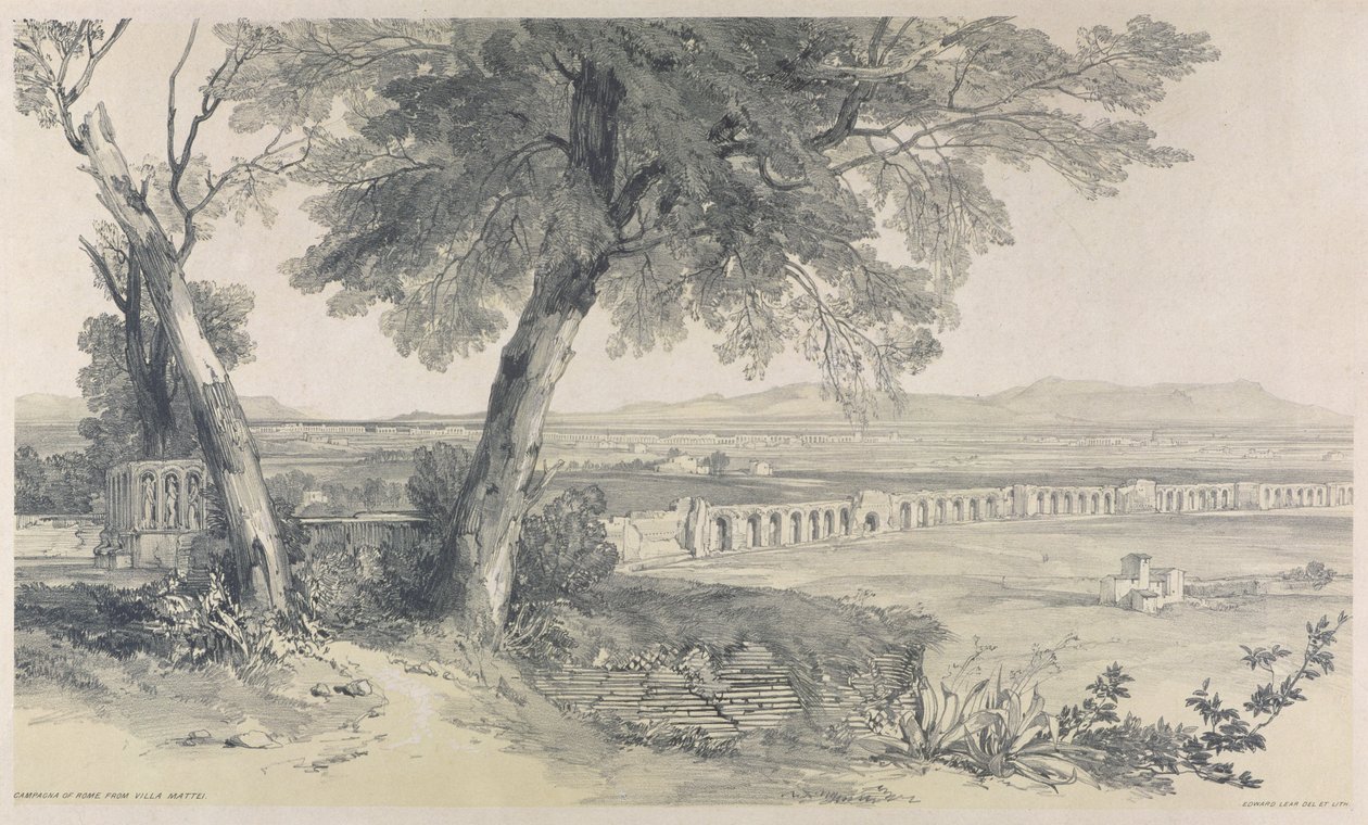 विला मैटेई से रोम का कैंपगना, व्यू इन रोम और इसके एनवायरनस, 1841, (हैवी वॉव पेपर पर लिथो) द्वारा एडवर्ड लीयर
