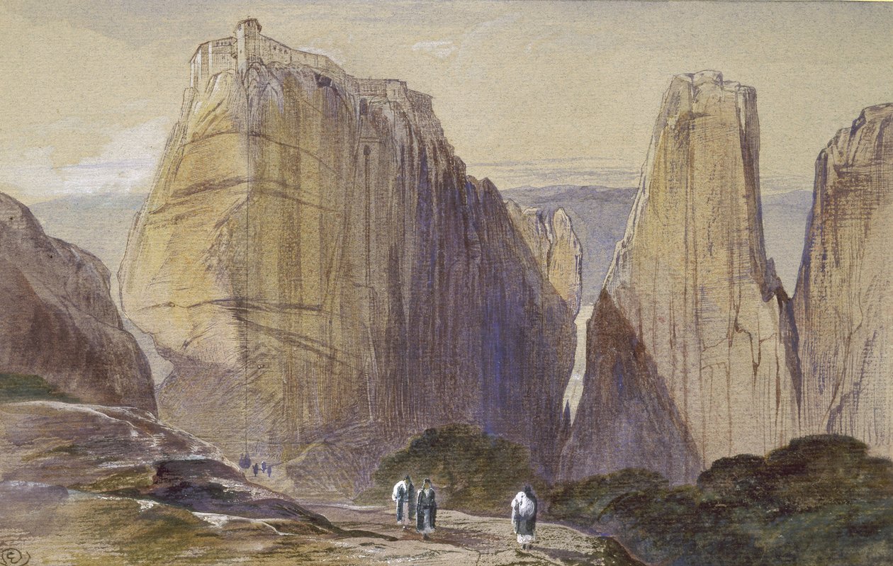 Meteora के मठ (जल-रंग और ग्रे-नीले रखी कागज पर बॉडीकोलर) द्वारा एडवर्ड लीयर