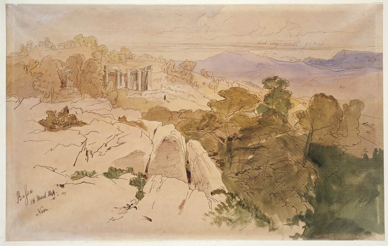 1849 में बासा, ग्रीस में अपोलो का मंदिर, (भूरे रंग के कागज पर पानी के रंग और तेल के रंग के साथ कलम और भूरे रंग की स्याही) द्वारा एडवर्ड लीयर