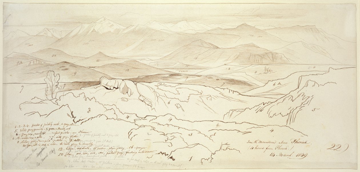 फ़ोनिया, 1849 के ऊपर के पहाड़ों से देखें (ऑफ-व्हाइट पेपर पर ग्रेफाइट के साथ कलम और भूरी स्याही) द्वारा एडवर्ड लीयर