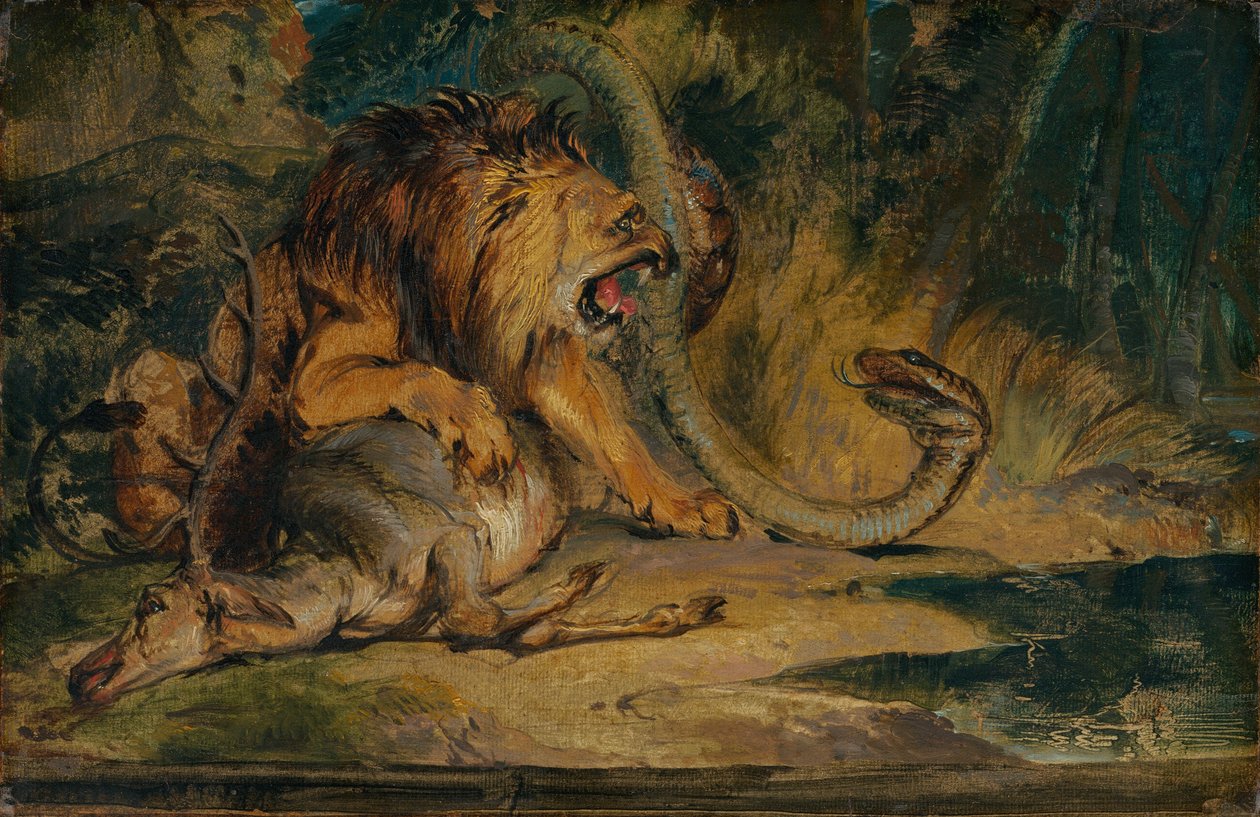 शेर अपने शिकार का बचाव करता है, c. 1840. द्वारा एडविन हेनरी लैंडसीर