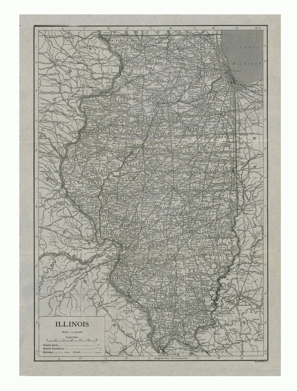 इलिनोइस, संयुक्त राज्य अमेरिका का नक्शा, c1910s। द्वारा एमरी वॉकर