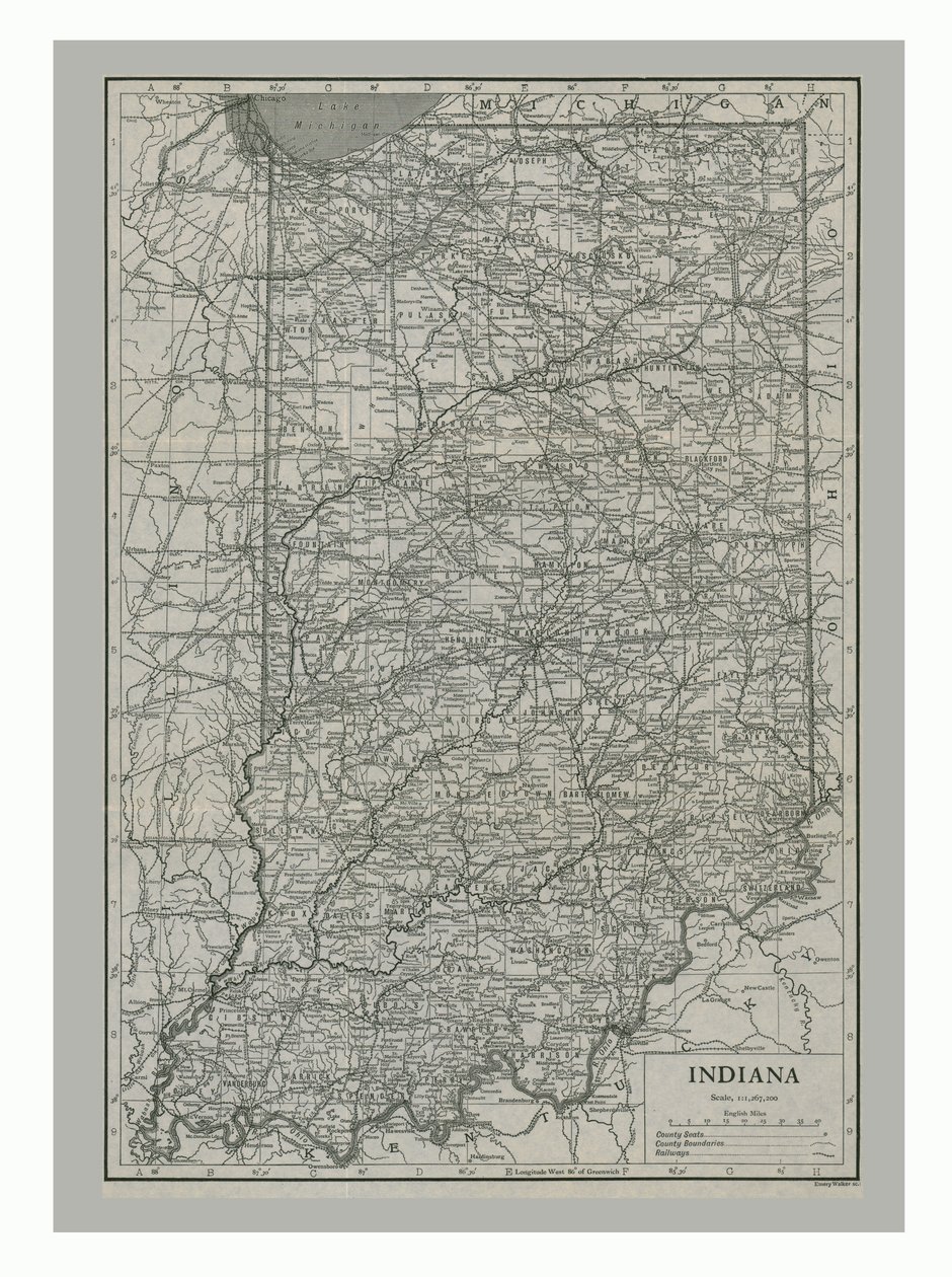 इंडियाना, संयुक्त राज्य अमेरिका का नक्शा, c1900s द्वारा एमरी वॉकर