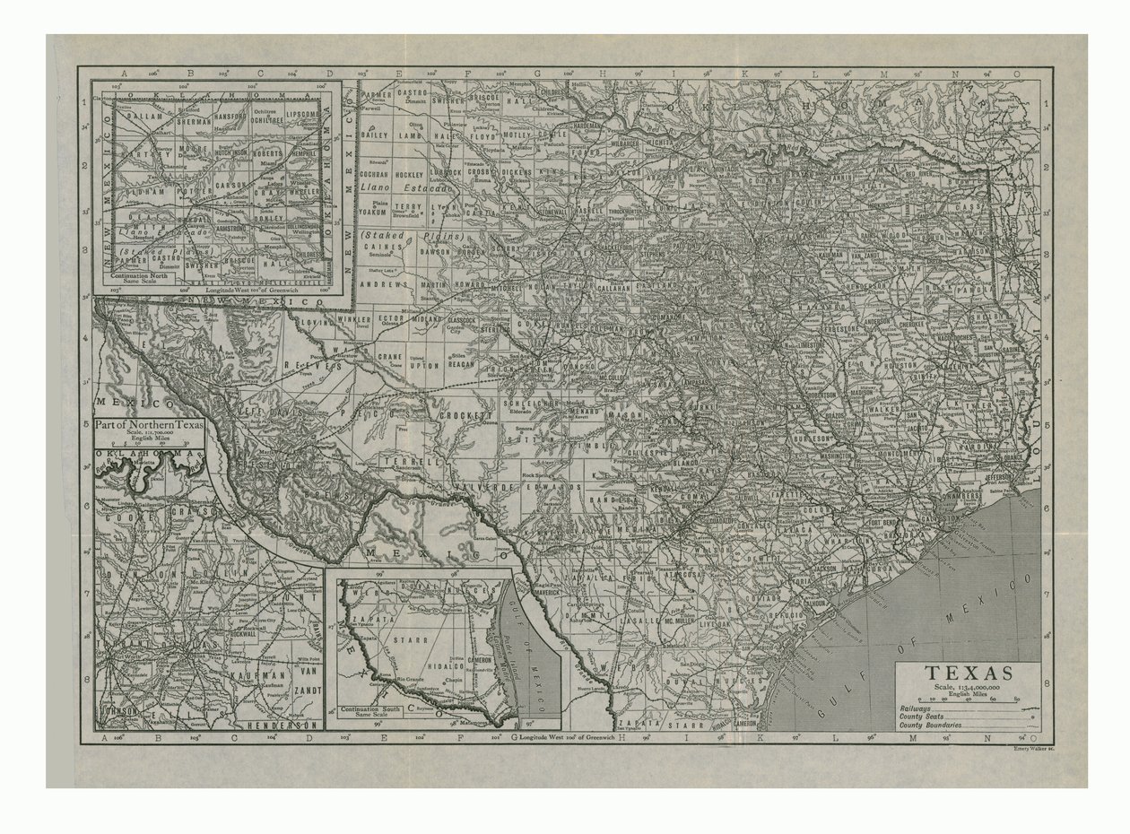 टेक्सास, संयुक्त राज्य अमेरिका का नक्शा, c1910s। द्वारा एमरी वॉकर