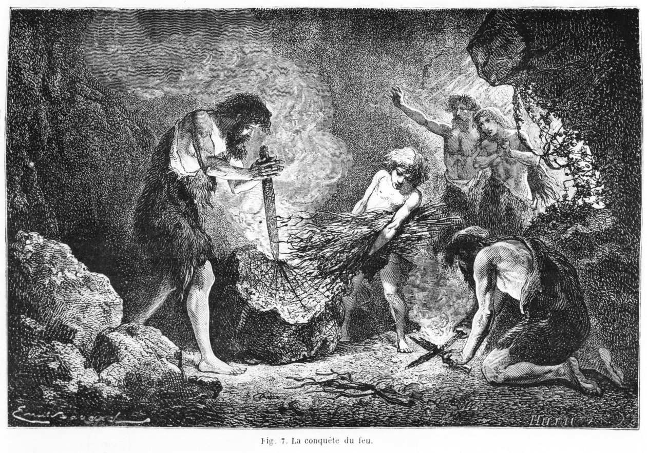 आग की विजय, लुई फिगरियर द्वारा &39;एल&39;होम प्रिमिटिफ&39; से चित्रण (1819-94) हेनरी थियोफाइल हिल्डिब्रेंड (1824-97) द्वारा उत्कीर्ण हैचेट, 1870 द्वारा एमिल एंटोनी बेयर्ड