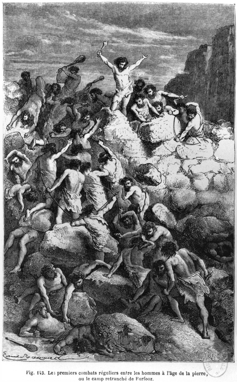 पाषाण युग के पहले झगड़े, लुई फिगरियर (1819-94) द्वारा &39;ल&39;होमे प्रिमिटिफ&39; का चित्रण, हचेत द्वारा प्रकाशित, 1870 द्वारा एमिल एंटोनी बेयर्ड