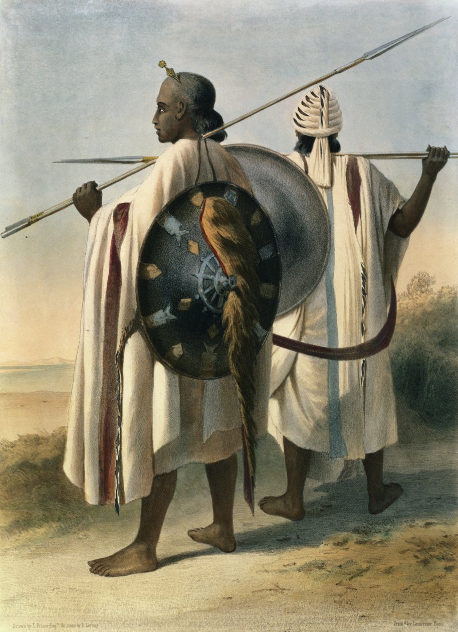 एबिसिनियन वारियर्स, &39;द वैली ऑफ द नील&39; का चित्रण, यूजीन ले रूक्स (1807-63) पब द्वारा उकेरा गया। लेमरसीर द्वारा, 1848 द्वारा एमिल प्रिसे डी'वेनस