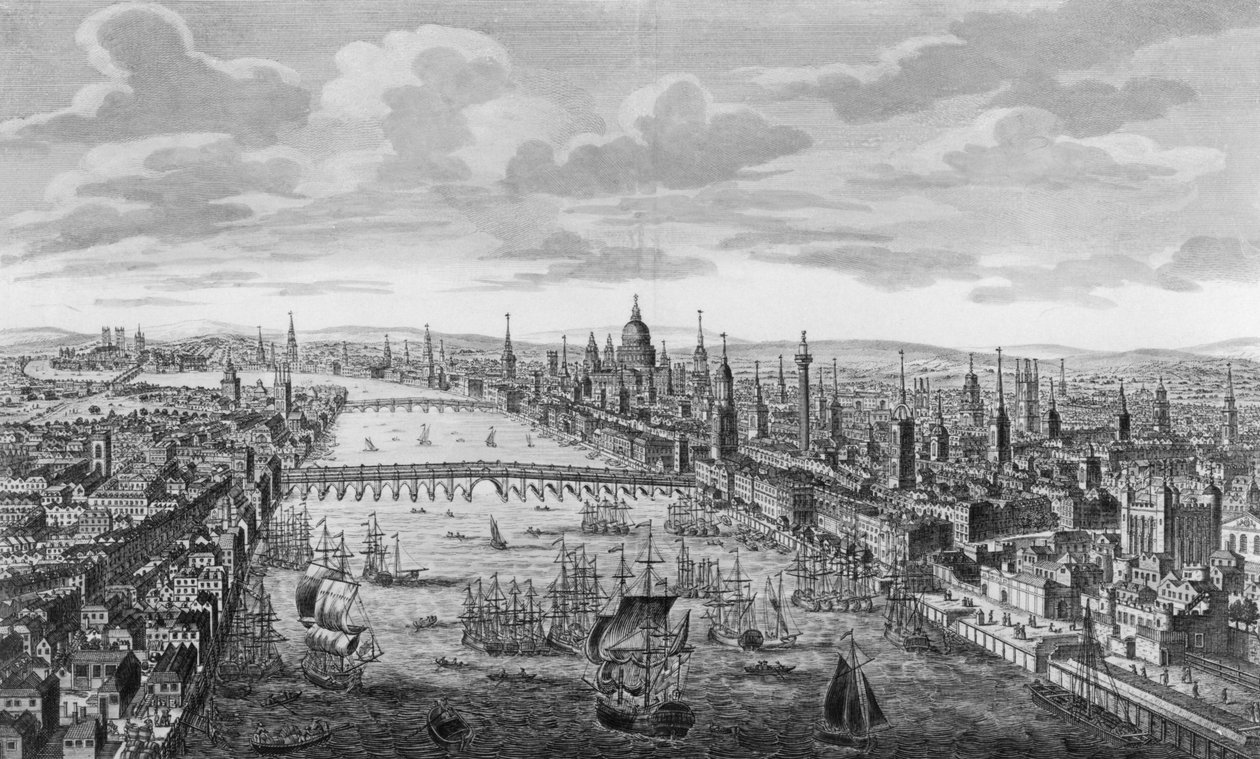 टेम्स नदी के बगल में लंदन शहर का एक सामान्य दृश्य, c.1780 द्वारा अंग्रेजी स्कूल