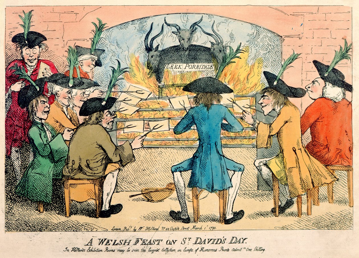 सेंट डेविड डे, 1790 (रंग नक़्क़ाशी) पर एक वेल्श दावत द्वारा अंग्रेजी स्कूल