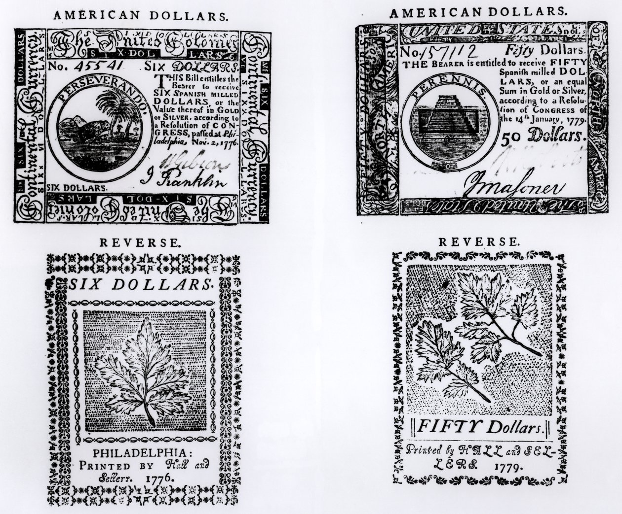 1776 का एक औपनिवेशिक छह डॉलर का बिल और 1779 का अमेरिकी पचास डॉलर का बिल द्वारा अंग्रेजी स्कूल