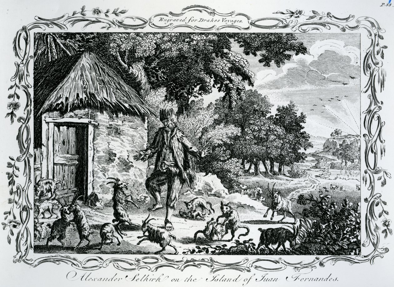 जुआन फर्नांडीस के द्वीप पर अलेक्जेंडर सेलकिर्क, 1780 में &39;ड्रेकस वॉयज&39; में प्रकाशित द्वारा अंग्रेजी स्कूल