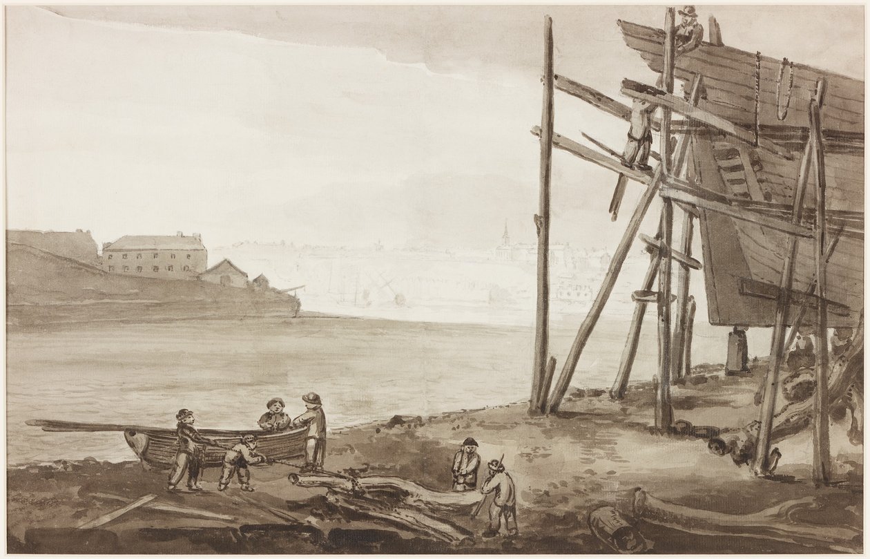 टाइन पर बोट बिल्डर्स, 1820 (कागज पर पेंसिल और वाश (भूरा)) द्वारा अंग्रेजी स्कूल