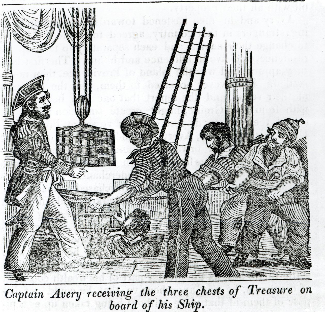 कैप्टन एवरी ने अपने जहाज के बोर्ड पर ट्रेजर के तीन चेस्ट प्राप्त किए, 1837 के &39;बुक ऑफ़ पाइरेट्स&39; से चित्रण द्वारा अंग्रेजी स्कूल