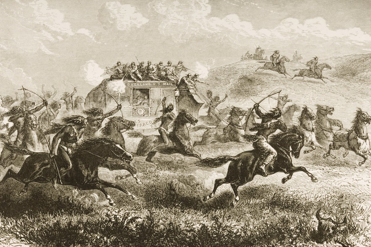 1860 में from अमेरिकन पिक्चर्स ’से 1860 में सिएरा नेवादा के पार यूनाइटेड स्टेट्स मेल को ले जाना, द धार्मिक ट्रैक्ट द्वारा प्रकाशित, द्वारा अंग्रेजी स्कूल