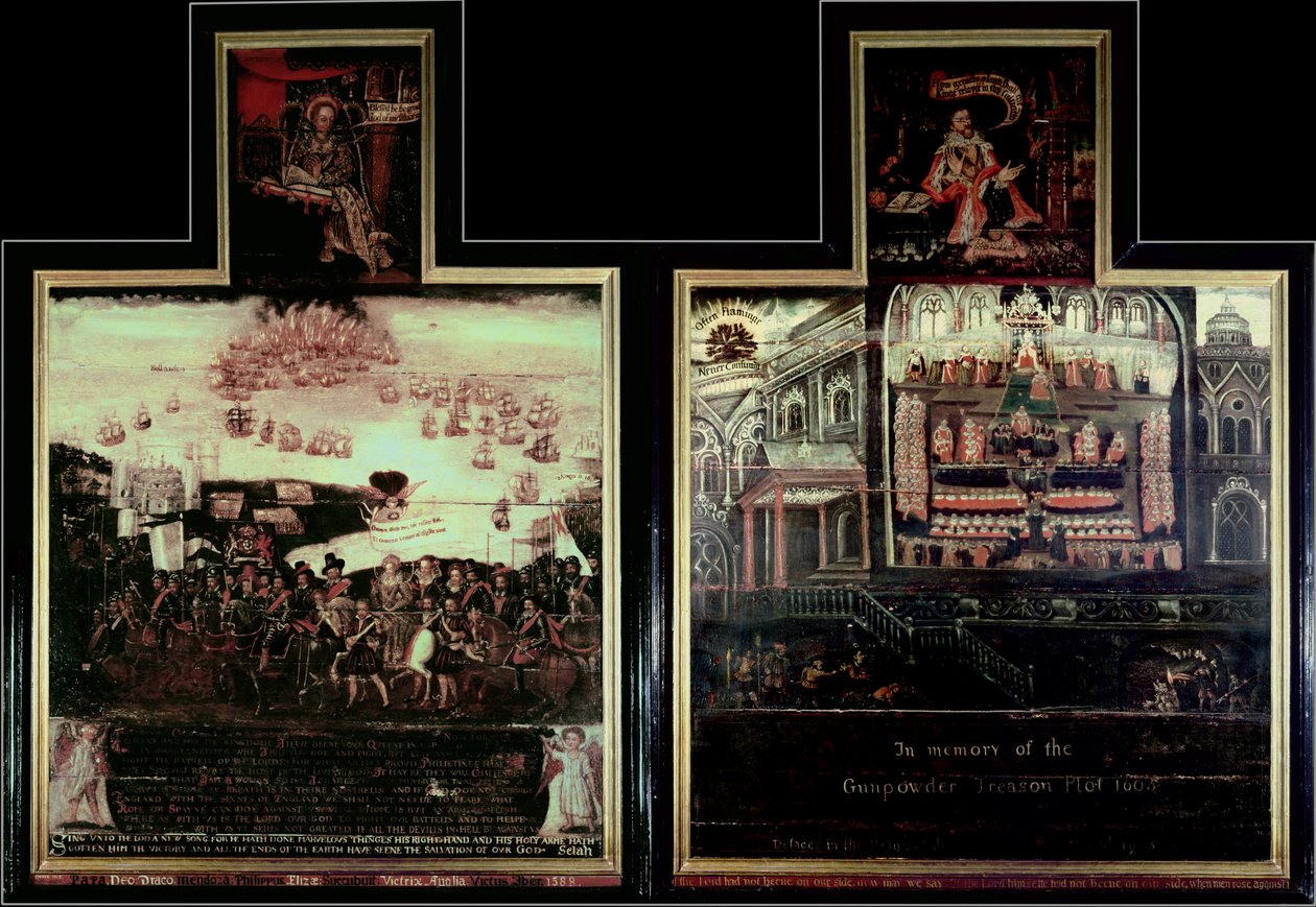 डिप्टीच, क्वीन एलिजाबेथ I (1530-1603) के आगमन को दर्शाती है, टिलबरी में, स्पेनिश आर्माडा की हार और गनपाउडर प्लॉट द्वारा अंग्रेजी स्कूल