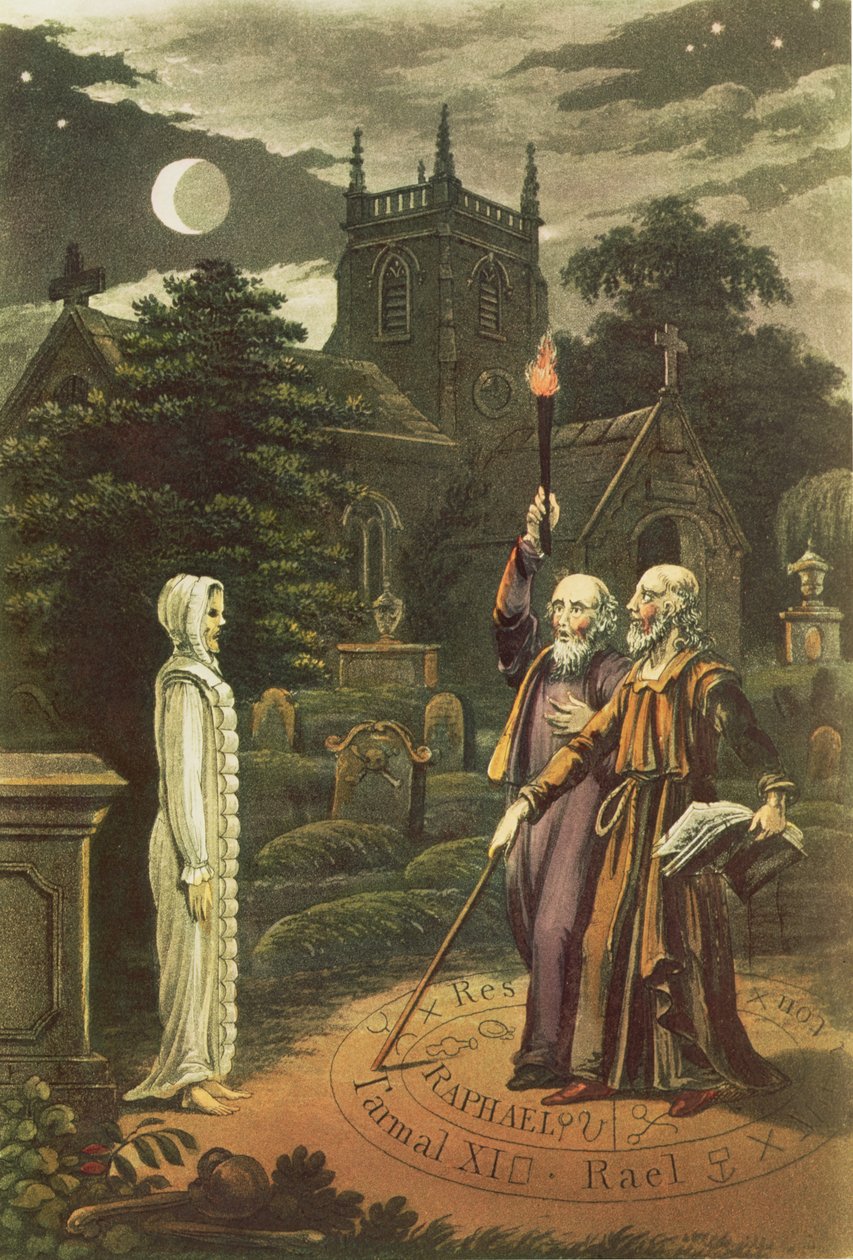 एडवर्ड केली (b.1555) एक जादूगर, और उसके साथी गणितज्ञ और ज्योतिषी, जॉन डी (1527-1608) एक भूत (हाथ से उकेरा हुआ) को उठाते हुए द्वारा अंग्रेजी स्कूल