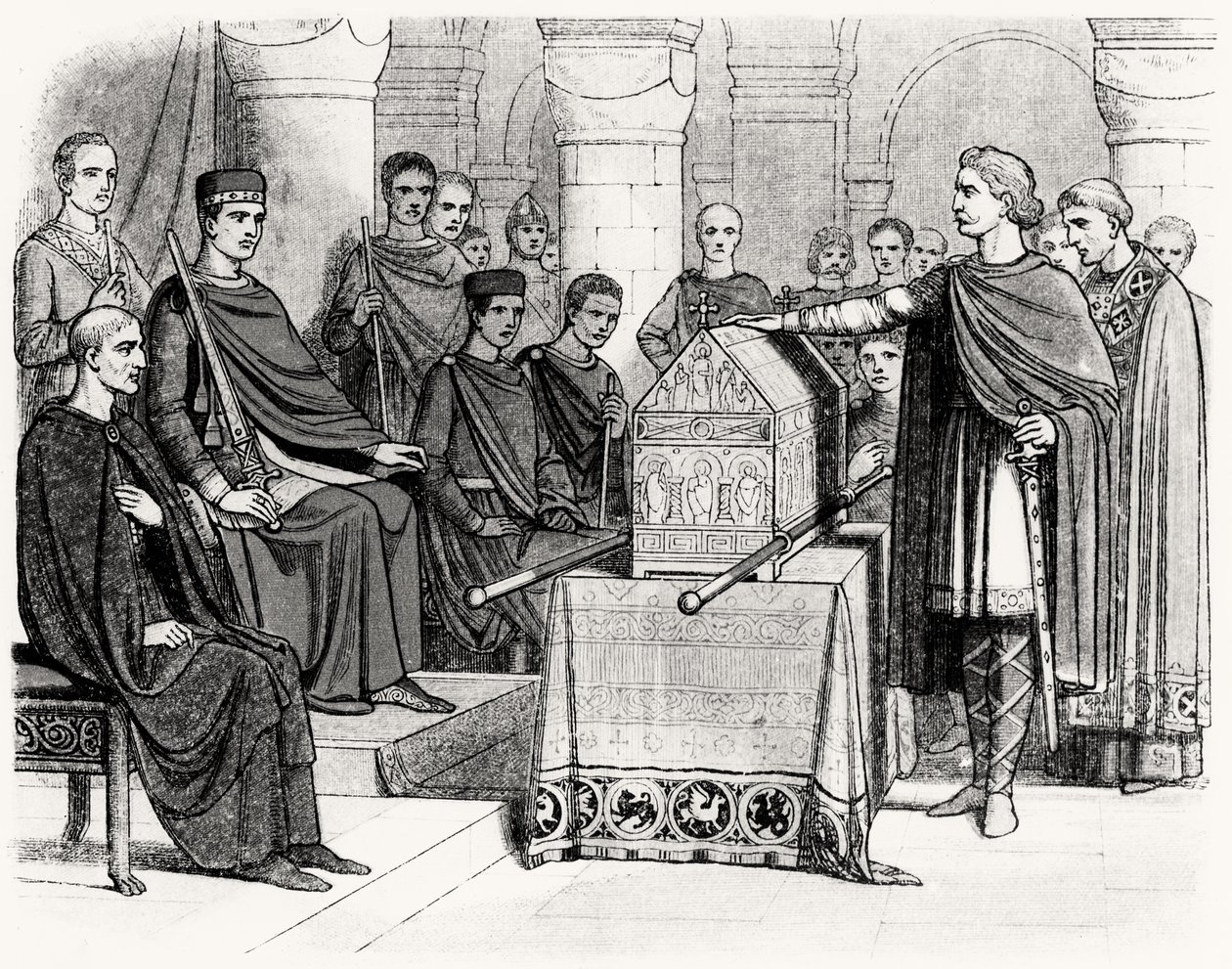 हेरोल्ड II (c.1022-66) विलियम ए को सिंहासन के लिए शपथ दिलाने के लिए शपथ ग्रहण, एडवर्ड द कन्फ़ेक्टर द्वारा विजेता (c.1028-87) (c.1003-66), c.1064 द्वारा अंग्रेजी स्कूल