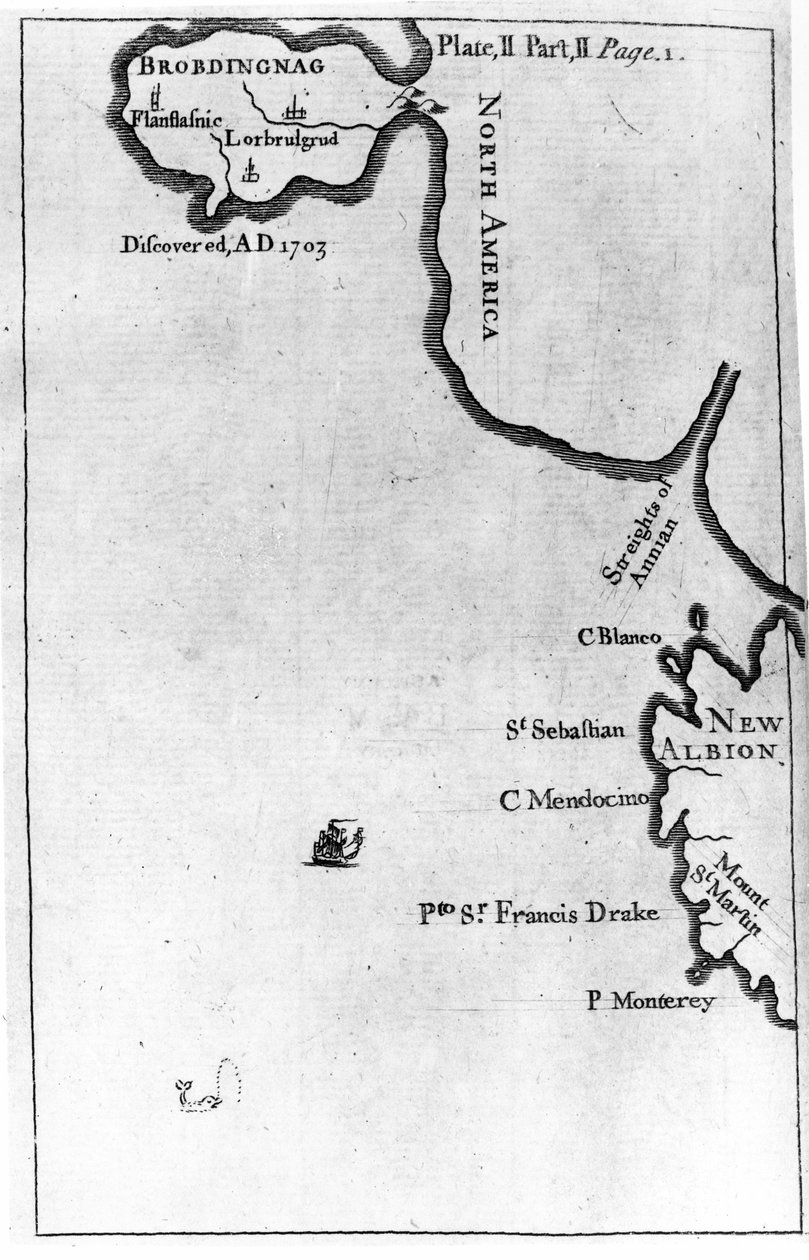 जोबनथन स्विफ्ट, 1726 (प्रिंट) द्वारा &39;गुलिवर्स ट्रेवल्स&39; के पहले संस्करण का विवरण, ब्रबडिंगनाग का मानचित्र द्वारा अंग्रेजी स्कूल