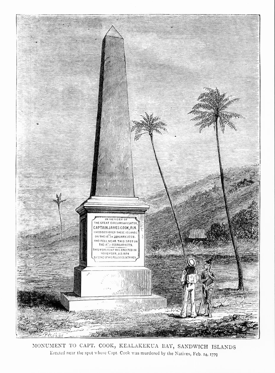 कैप्टन जेम्स कुक (1728-79) के स्मारक, कीलेकेकुआ बे, सैंडविच द्वीप द्वारा अंग्रेजी स्कूल