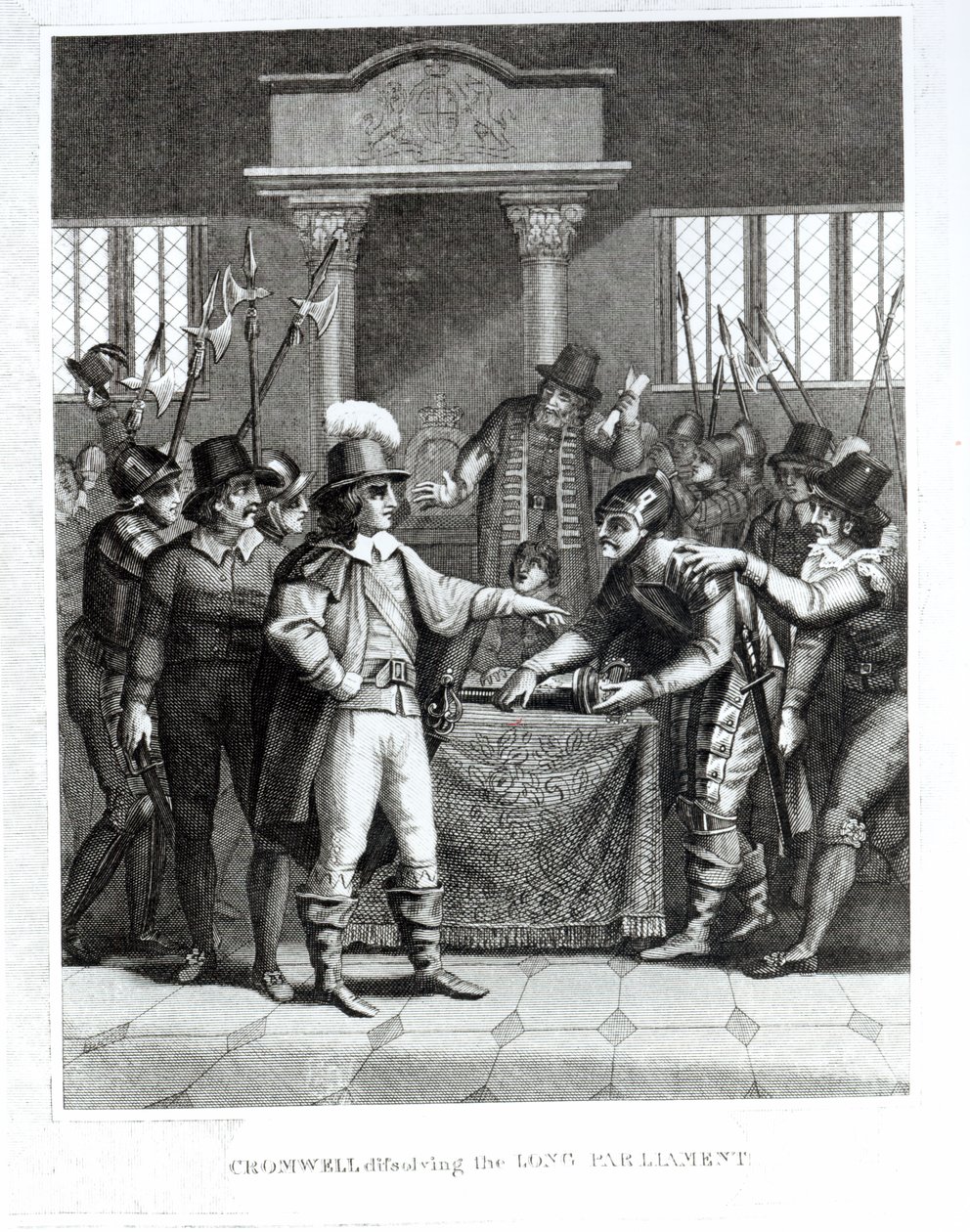 ऑलिवर क्रॉमवेल (1599-1658) 1653 में लंबी संसद को भंग करना द्वारा अंग्रेजी स्कूल