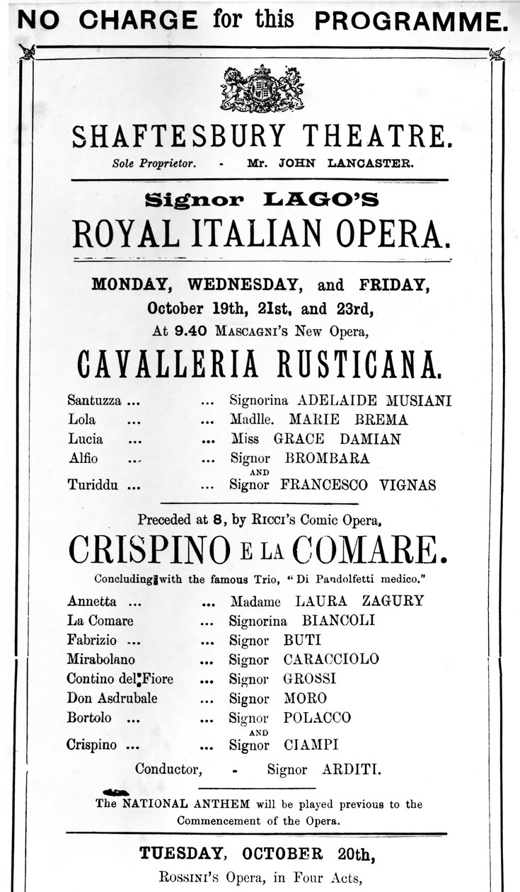 प्लेबिल ने द शेफ़ेस्बरी थिएटर, 1891 (मुद्रित पत्र) में &39;कैवलेरिया रस्टिकाना&39; और &39;क्रिस्पिनो ई ला कॉमारे&39; के प्रदर्शन का विज्ञापन किया। द्वारा अंग्रेजी स्कूल