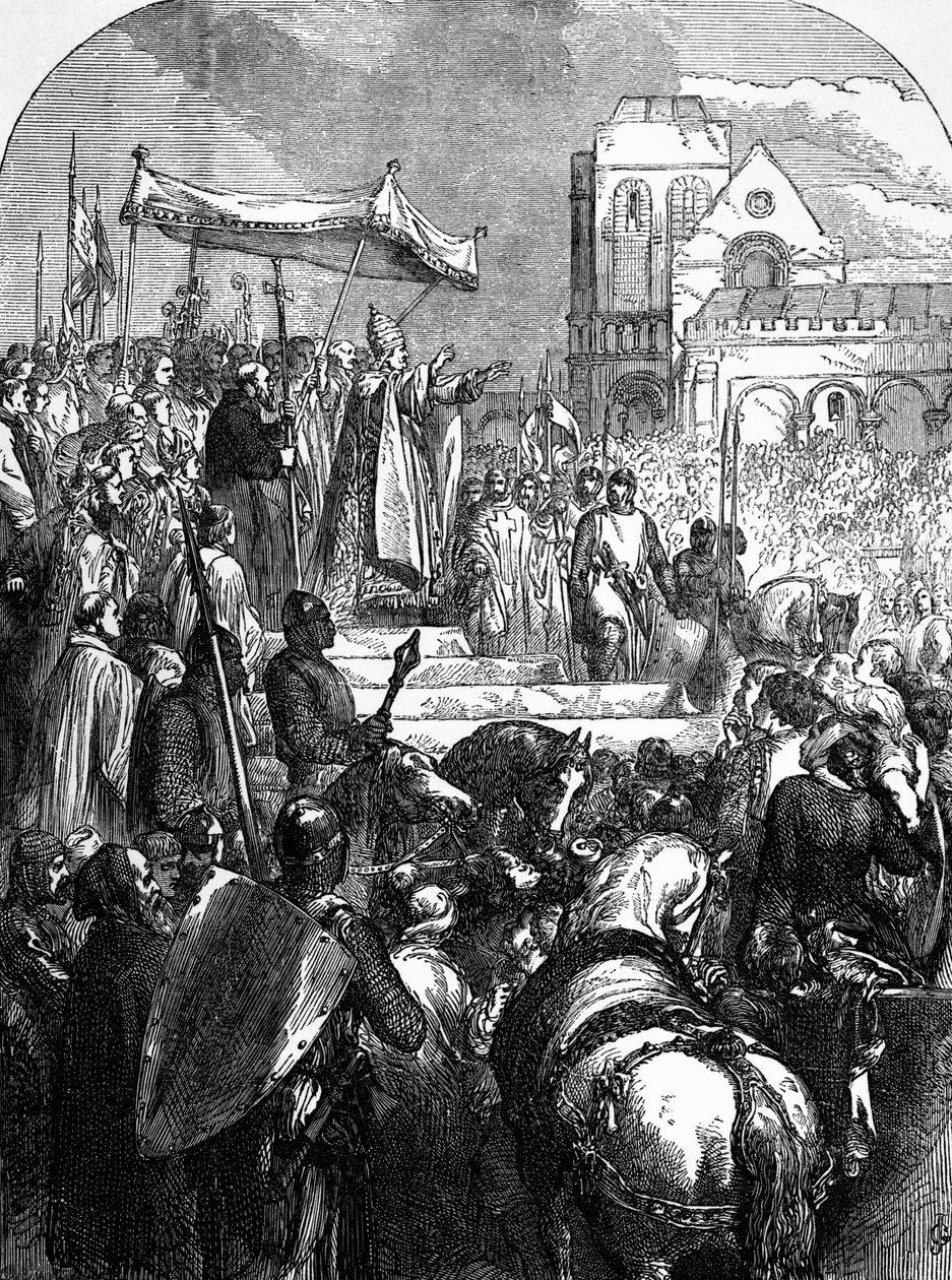 पोप अर्बन II (c.1035-99) 1095 में क्लरमोंट के मार्केट प्लेस में पहला धर्मयुद्ध प्रचार द्वारा अंग्रेजी स्कूल