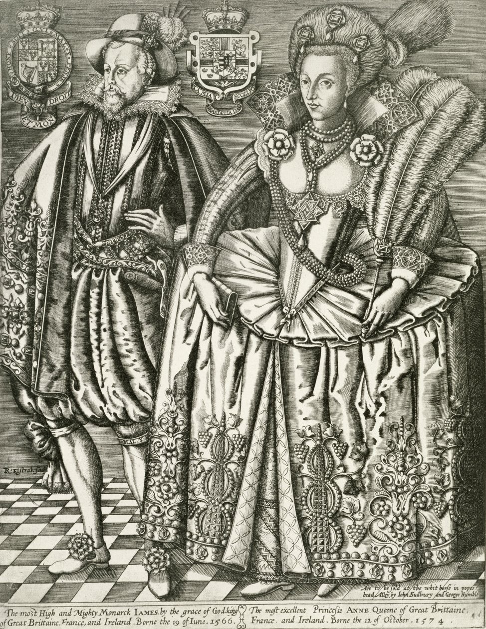 जेम्स आई का पोर्ट्रेट (1566-1625) और डेनमार्क का एनी (1574-1619) शीर्षक पृष्ठ किंग्स बुक से, रेनॉल्ड एलस्ट्रैक (1571-c.1630) 1618 द्वारा उकेरा गया द्वारा अंग्रेजी स्कूल