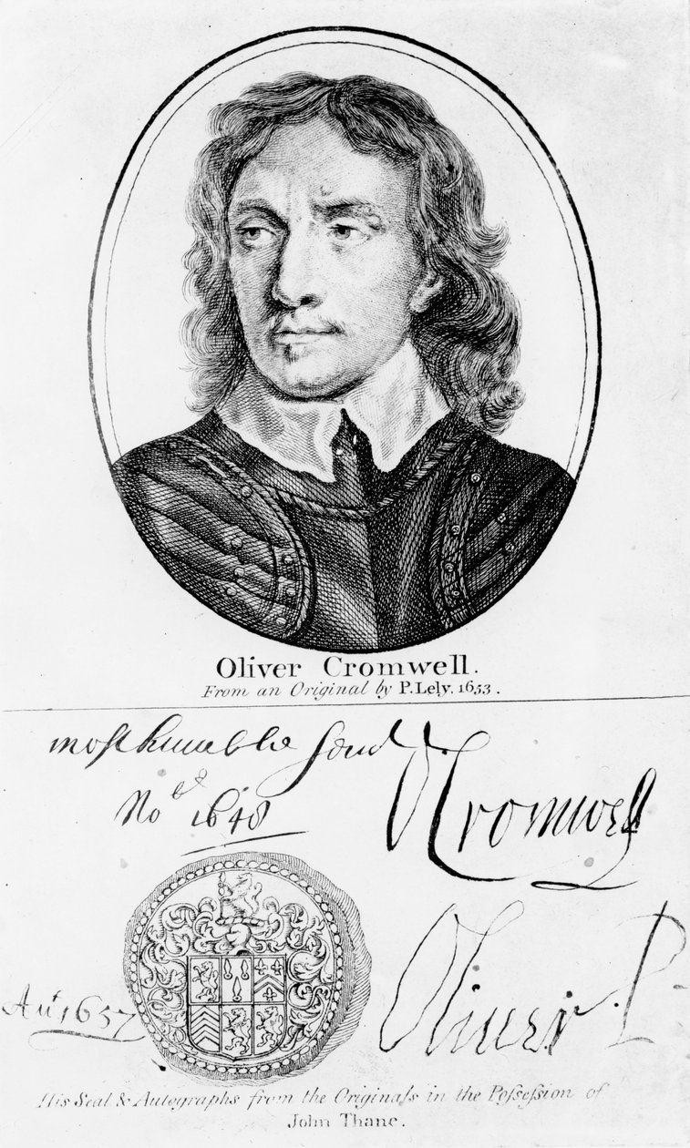 1653 के पीटर लेली द्वारा एक मूल से ओलिवर क्रॉमवेल (1599-1658) का चित्रण, और उसकी सील और ऑटोग्राफ द्वारा अंग्रेजी स्कूल
