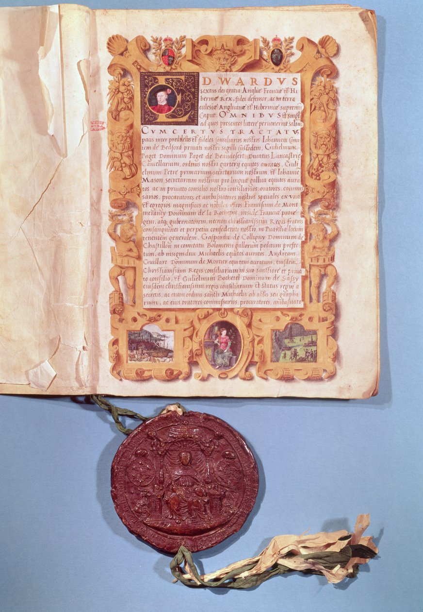 25 मई 1550 को बोलोग्ने की संधि के एडवर्ड VI (1537-53) द्वारा सत्यापन द्वारा अंग्रेजी स्कूल
