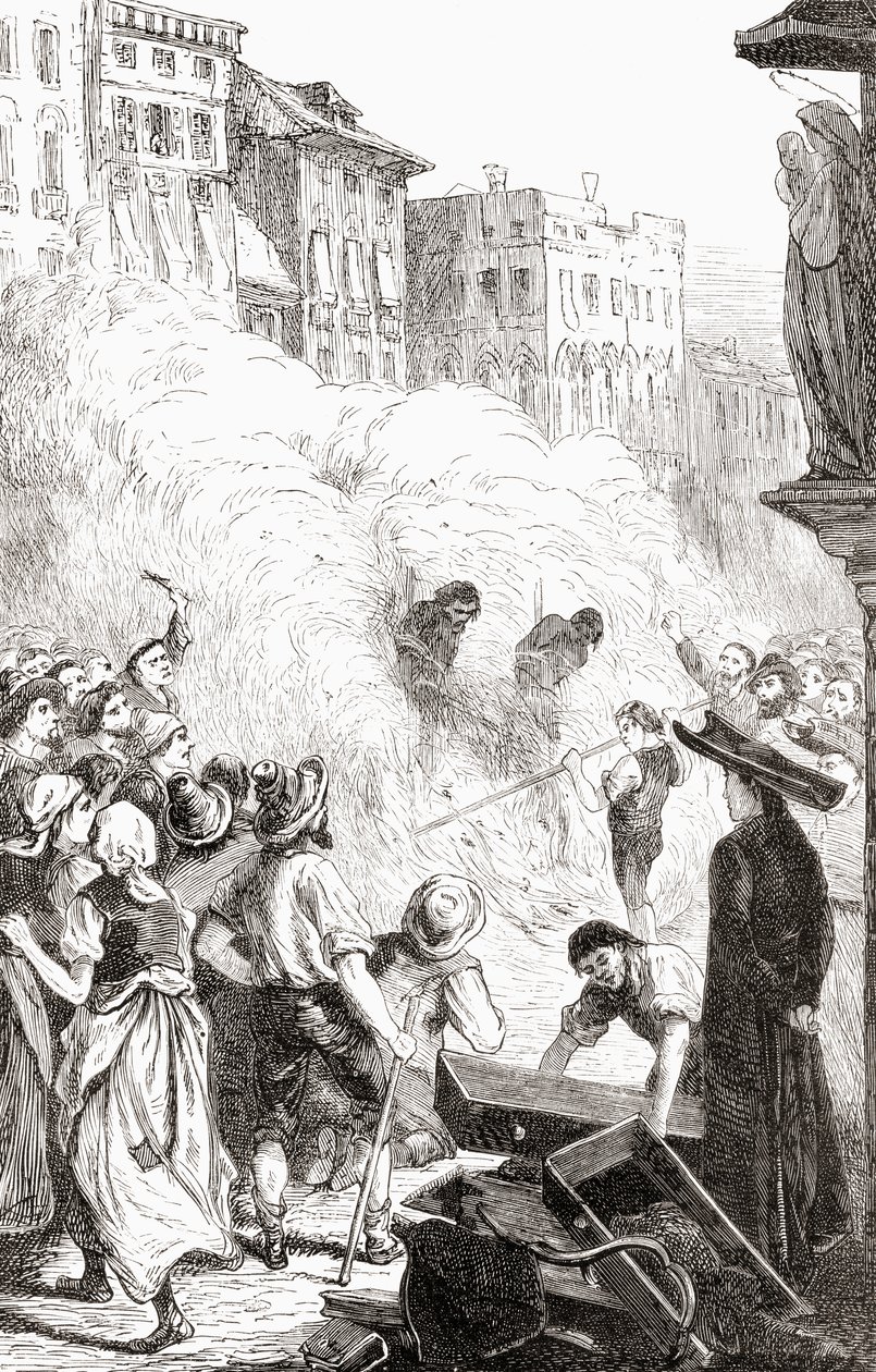 बैलेटा, इटली में प्रदर्शनकारियों का नरसंहार, c.1865 (लकड़ी की नक्काशी) द्वारा अंग्रेजी स्कूल