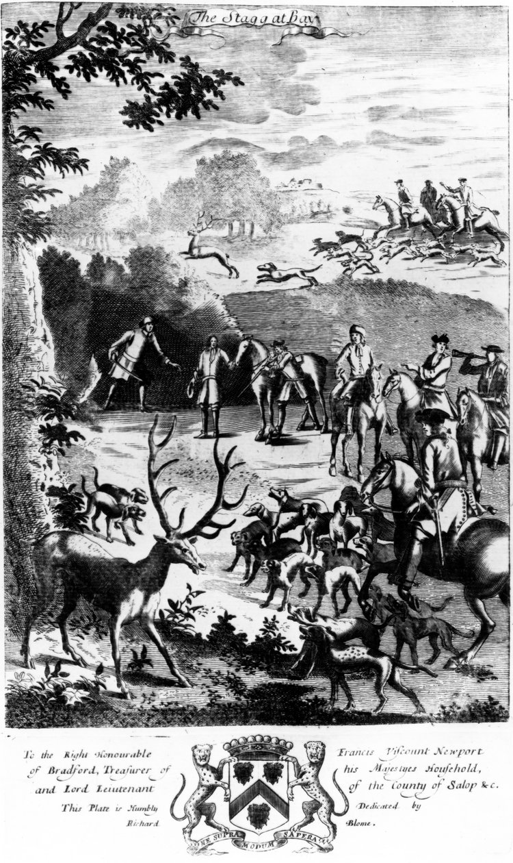 1686 में रिचर्ड ब्लोम द्वारा प्रकाशित &39;द जेंटलमैन रिक्रिएशन&39; से द स्टैग एट बे द्वारा अंग्रेजी स्कूल