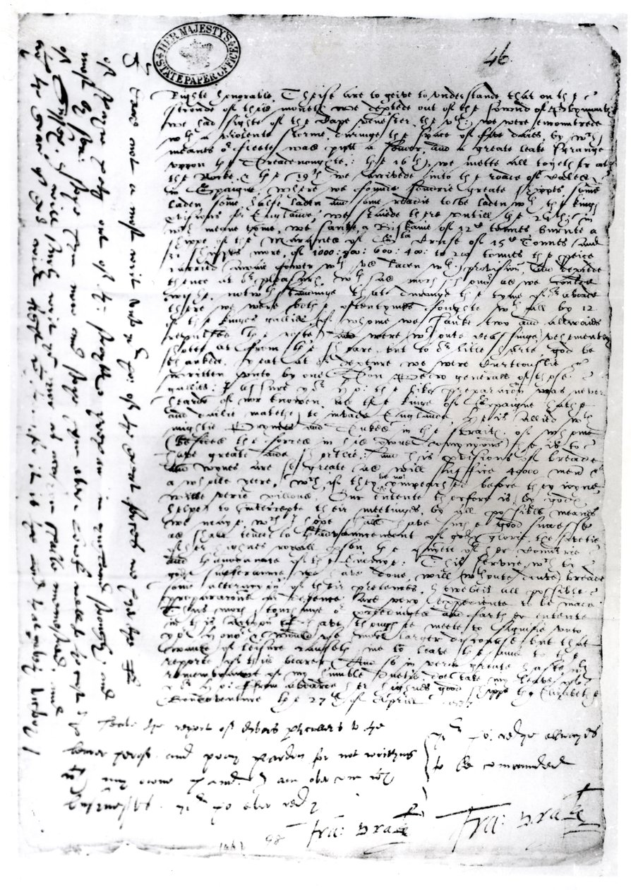 कैडिज़ से सर फ्रांसिस ड्रेक (सी। 1540-96) की लिखित प्रेषण, 1587 (कागज पर कलम और स्याही) द्वारा अंग्रेजी स्कूल