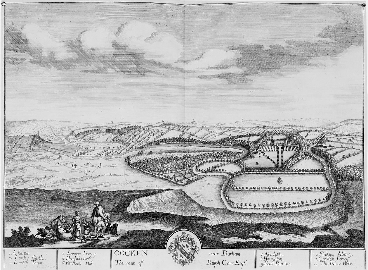 डरहम के पास कॉकेन, c.1710 (नक़्क़ाशी) द्वारा अंग्रेजी स्कूल