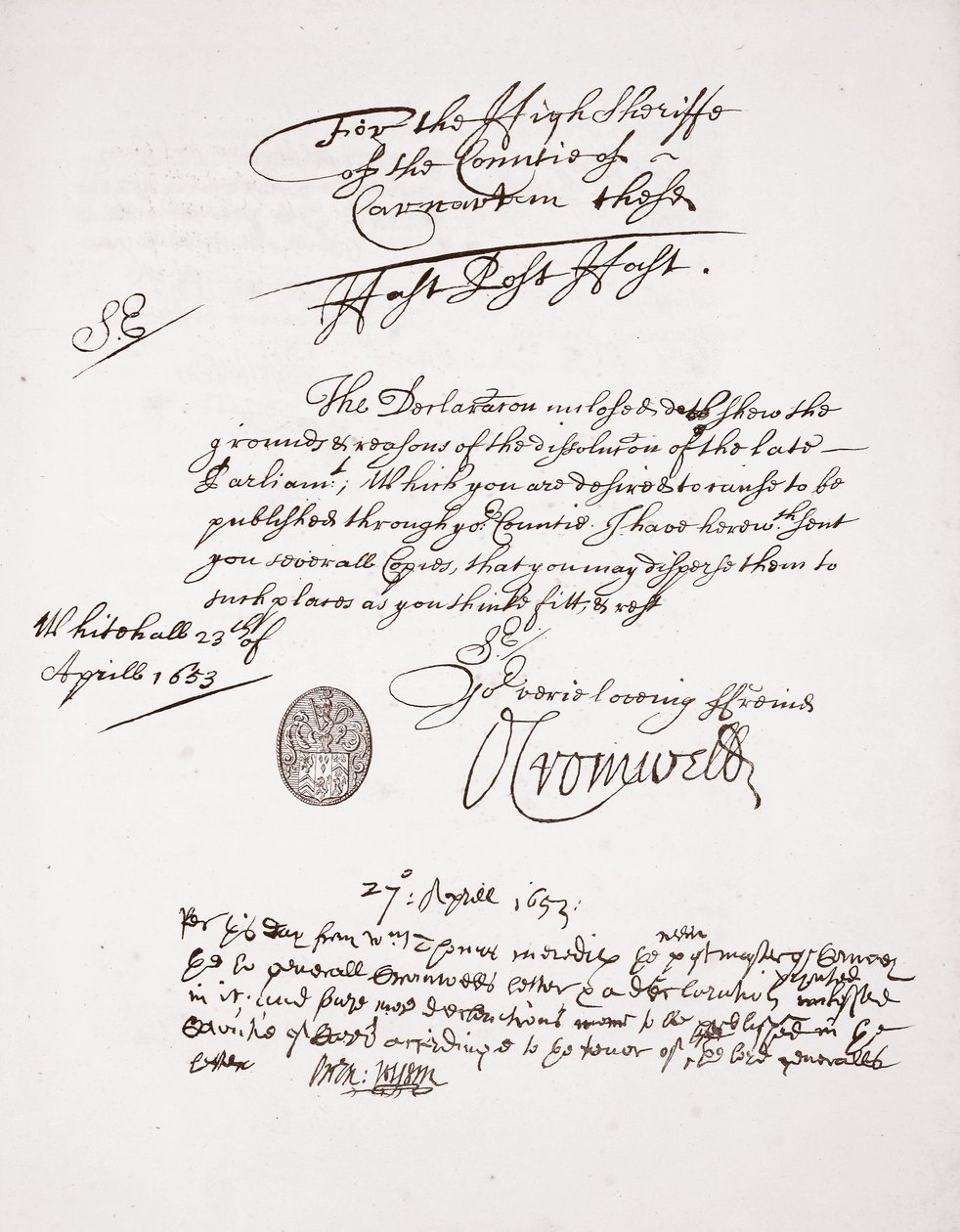 ऑलिवर क्रॉमवेल का पत्र, अप्रैल 1653 द्वारा अंग्रेजी स्कूल