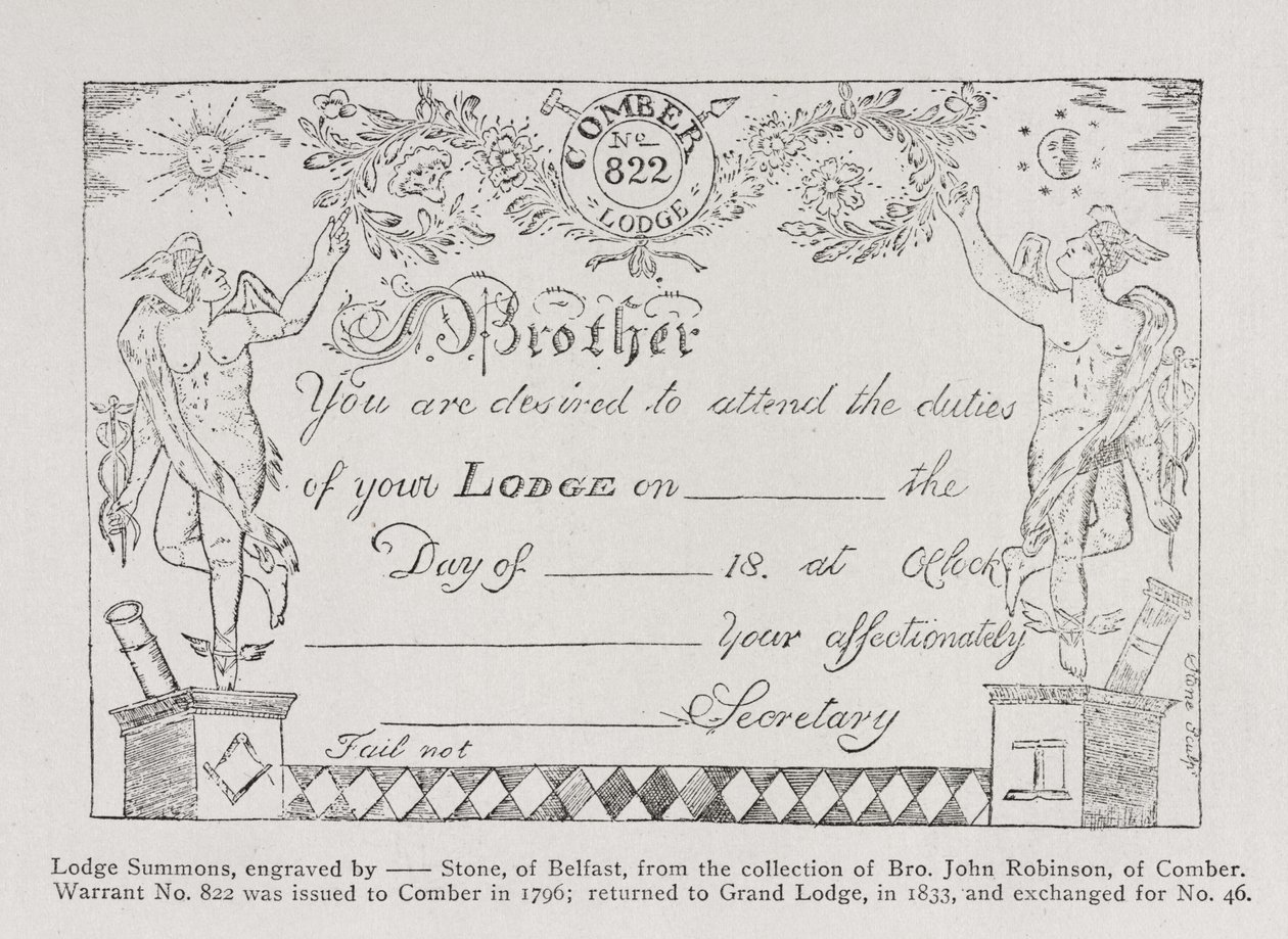 मेसोनिक लॉज सम्मन, दिनांक 1796 द्वारा अंग्रेजी स्कूल
