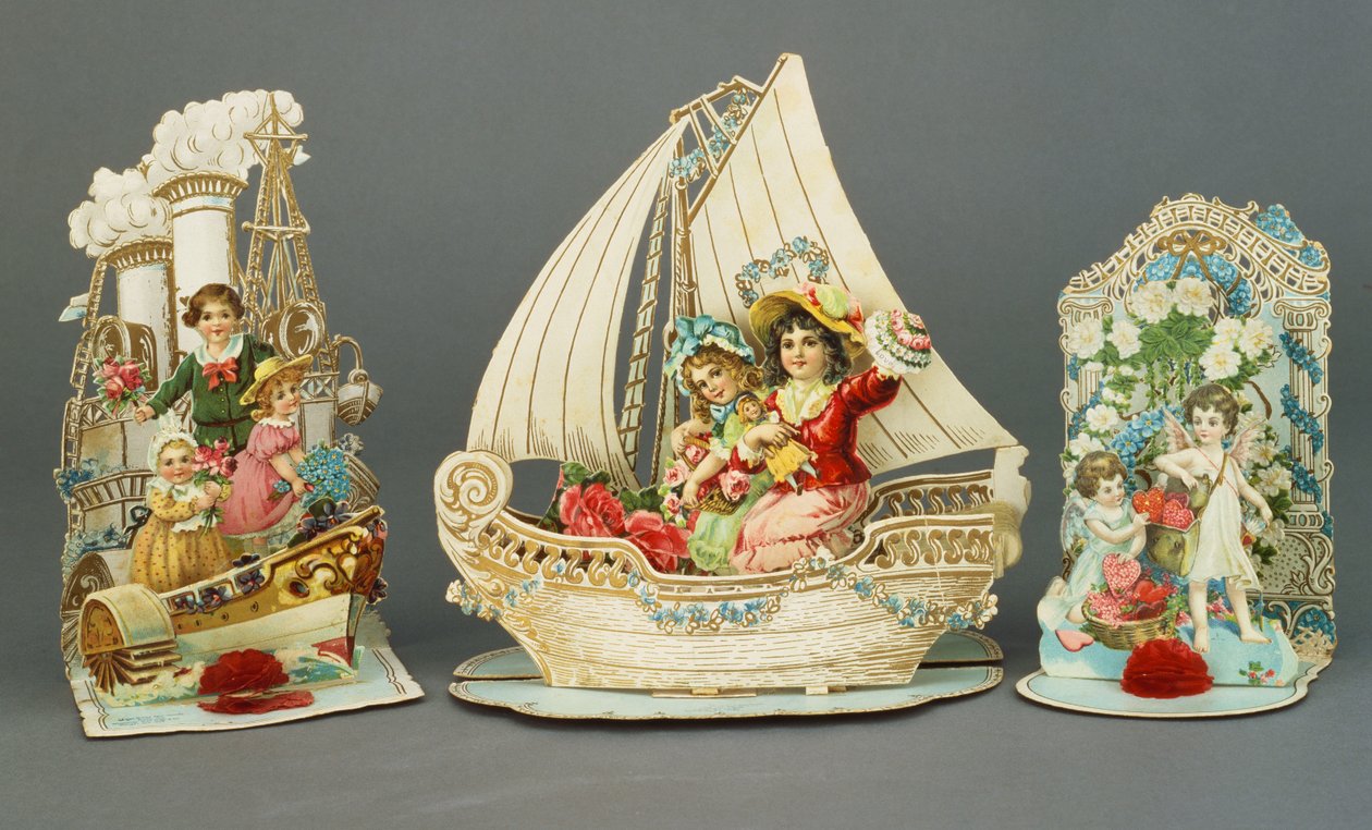 तीन पॉप अप क्रोमोलिथोग्राफ़िक वेलेंटाइन कार्ड, c.1880-90 द्वारा अंग्रेजी स्कूल
