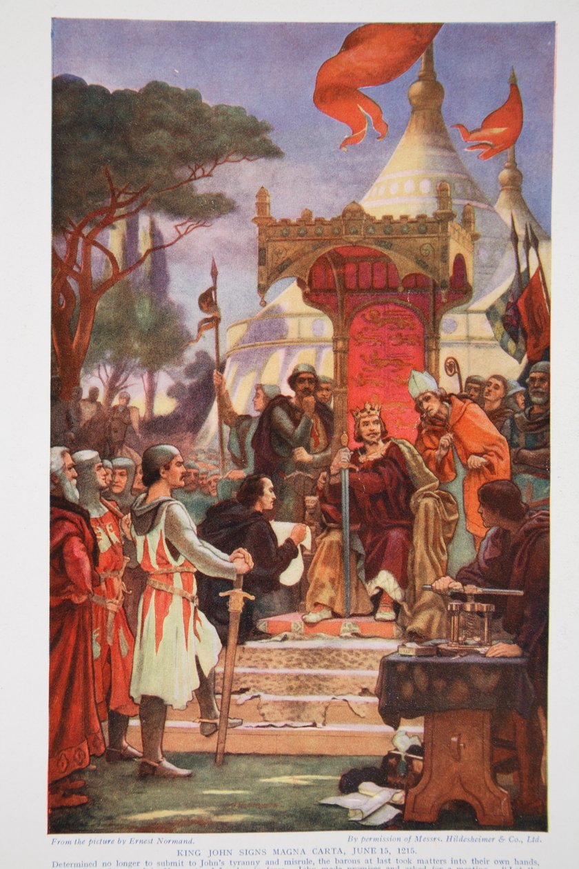 किंग जॉन ने मैग्ना कार्टा पर हस्ताक्षर किए, 15 जून 1215, &39;हचिंसन की कहानी ब्रिटिश राष्ट्र की कहानी&39;, c.1923 द्वारा अर्नेस्ट नॉर्मैंड