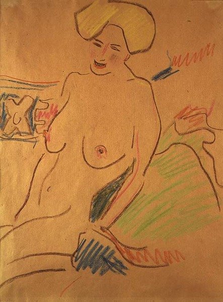 नग्न बैठे, c.1907 (कागज पर चाक) द्वारा अर्नस्ट लुडविग किरचनर