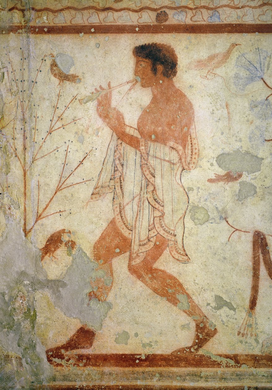 ट्रिसलिनियम के मकबरे से संगीतकार डबल बांसुरी बजाते हुए, c.470 ईसा पूर्व (दीवार पेंटिंग) द्वारा इट्रस्केन