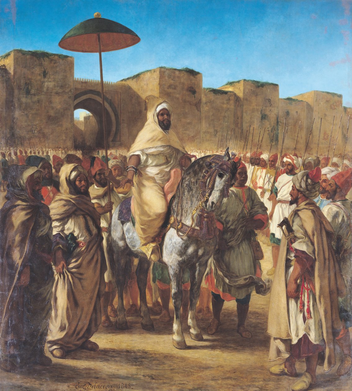 मुले अब्द-अर-रहमान (1789-1859), मोरक्को के सुल्तान, अपने प्रवेश के साथ मेकनेस के अपने महल को छोड़कर, मार्च 1832, 1845 द्वारा फर्डिनेंड विक्टर यूजीन डेलाक्रोइक्स