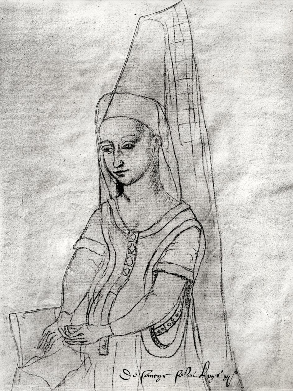 शार्लोट डी सावोई (c.1442-83) लुईस इलेवन की पत्नी (1422-83) &39;सेरूसिल डी&39;आर्स&39; (कागज पर चारकोल) द्वारा फ्लेमिश स्कूल