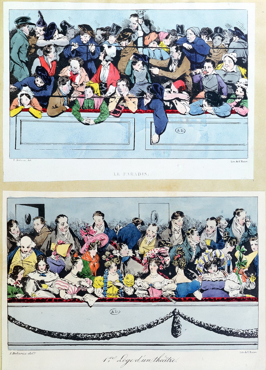 थिएटर में, देवताओं और ग्रैंड सर्कल में बक्से, c.1830 द्वारा फॉर्च्यून डेलार्यू