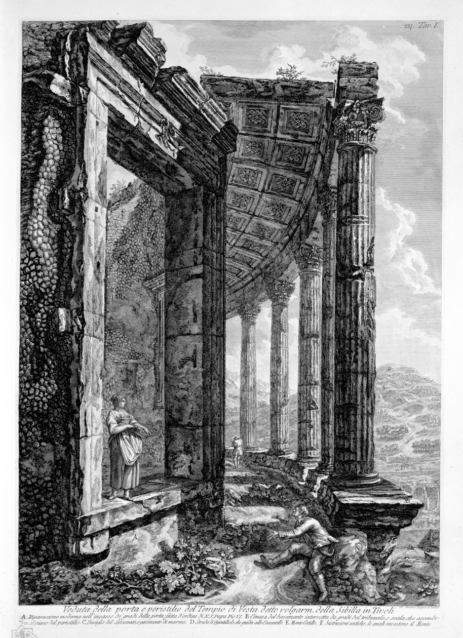 वेस्ता के मंदिर के दरवाजे का दृश्य और दृश्य जिसे वल्गरम कहा जाता है। टिवोली में सिबिल की द्वारा फ्रांसेस्को पिरनेसी