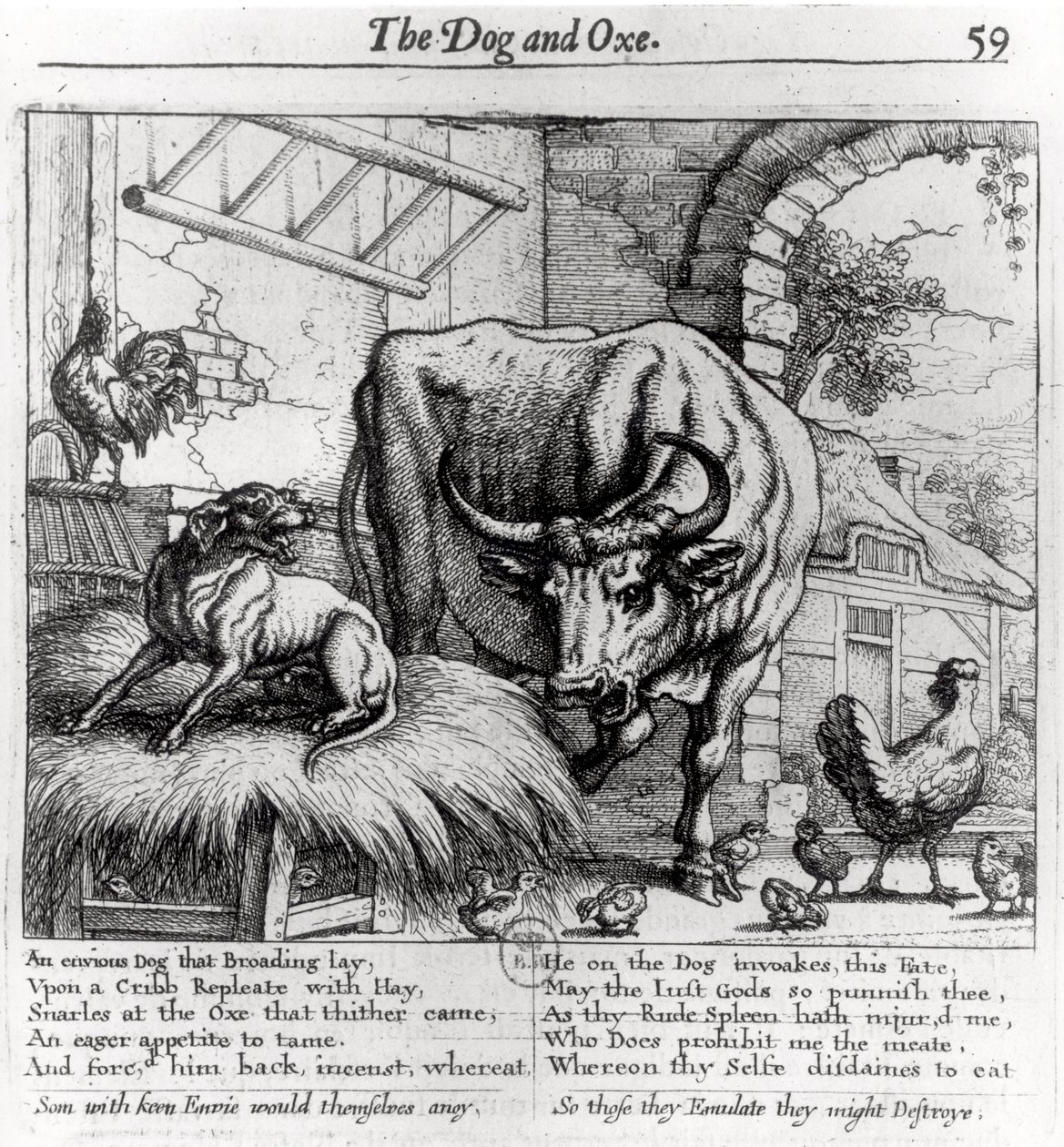 ईसप की दंतकथाओं, 1666 से &39;द डॉग एंड द ऑक्स&39; के लिए चित्रण द्वारा फ्रांसिस बार्लो