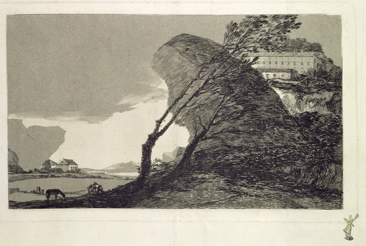 1810 से पहले, बड़े चट्टानों, इमारतों और पेड़ों के साथ लैंडस्केप द्वारा फ़्रांसिस्को डी गोया
