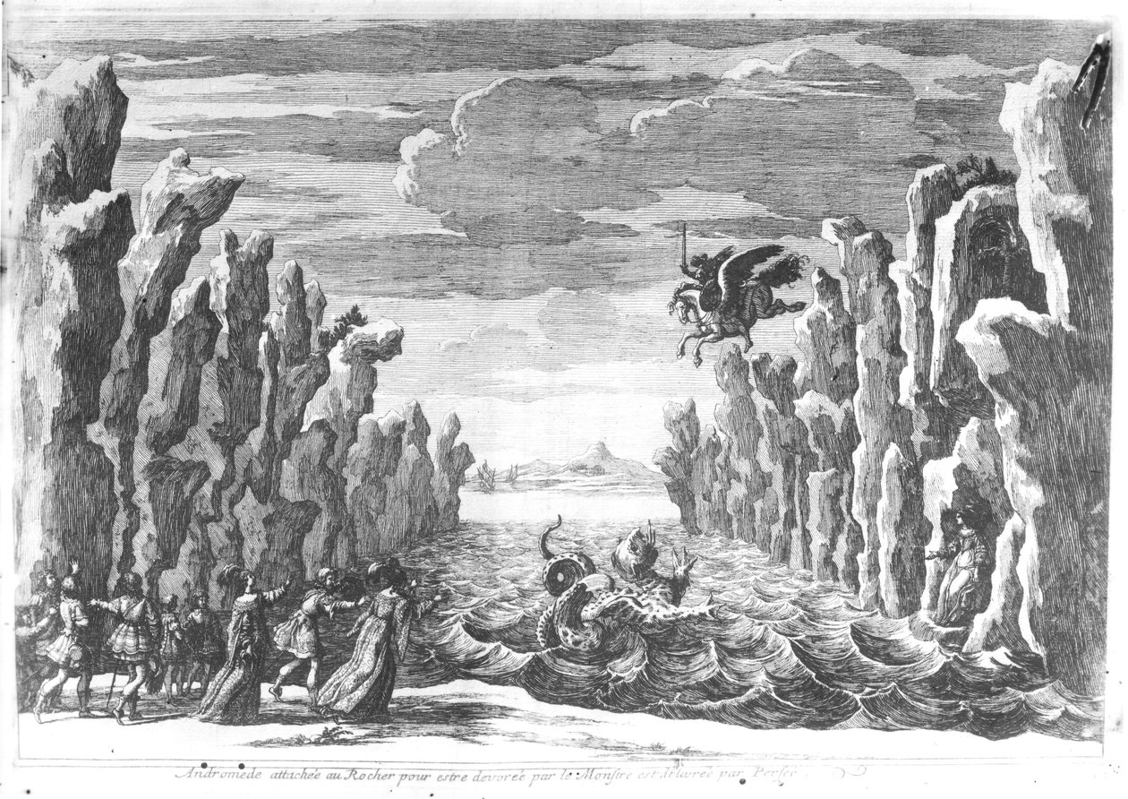 पियरे कॉर्निले (1606-84) द्वारा &39;एंड्रोमेड&39; के लिए तोरीली द्वारा निर्धारित डिज़ाइन द्वारा फ्रेंकोइस चौवेउ