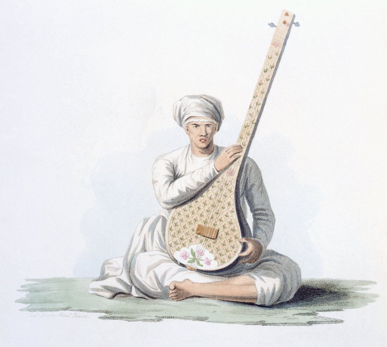 ई। ऑर्मे, 1804 (रंगीन शिष्टाचार) द्वारा &39;भारत की वेशभूषा&39; से उच्च जाति द्वारा बजाया जाने वाला एक वाद्य यंत्र, टुम्बोरा द्वारा फ्रांज बल्थजार सोल्विनस