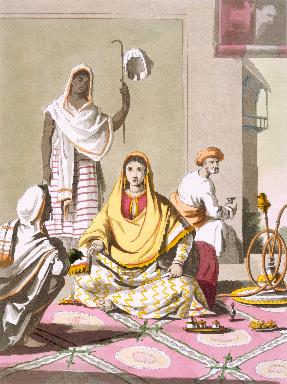 Giulio Ferrario, c.1820s-30s (रंग उत्कीर्णन) द्वारा &39;कॉस्टयूम देई ...&39; से मेहमानों और नौकरों के साथ, अपने परिचर्चा में भारतीय महिला द्वारा फ्रांज बल्थजार सोल्विनस