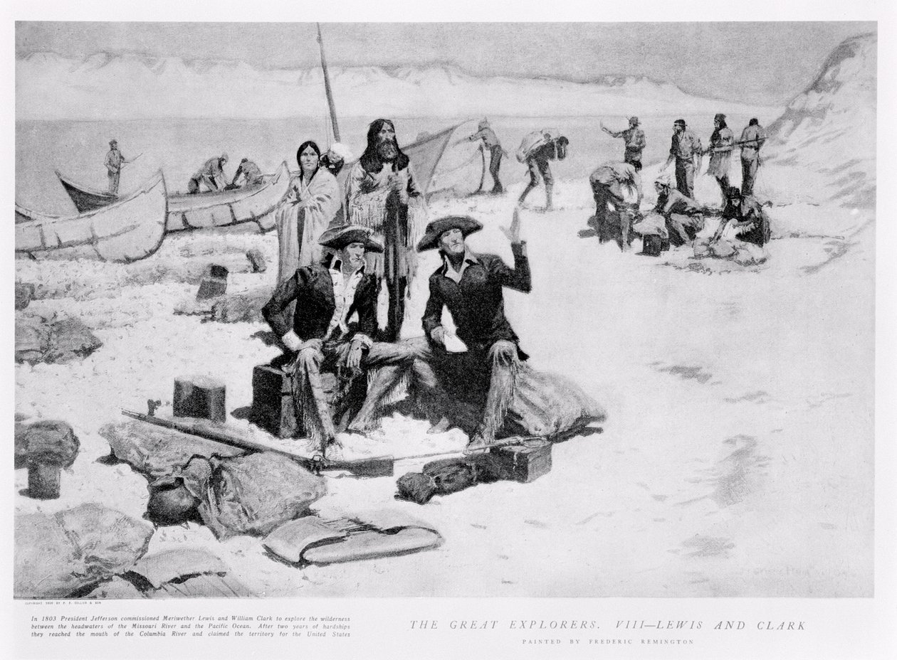 लेविस और क्लार्क कोलंबिया नदी के मुहाने पर 1805 में &39;कोलियरज़ मैगज़ीन&39; से, 12 मई 1906 द्वारा फ्रेडरिक रेमिंगटन
