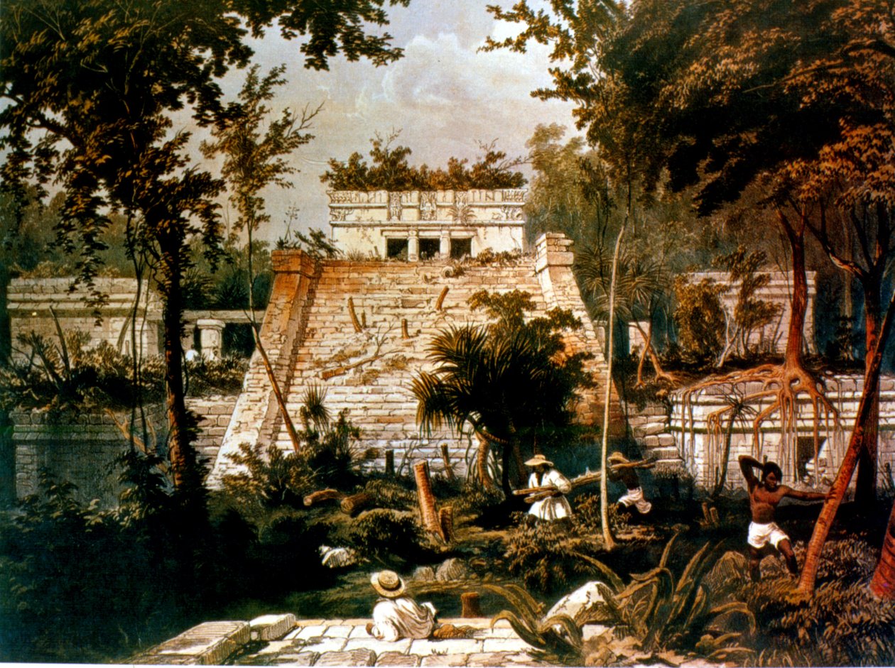 मंदिर और पिरामिड, टुलम, युकाटन, मैक्सिको, 1844 (रंगीन लिथो) द्वारा फ्रेडरिक कैथरवुड